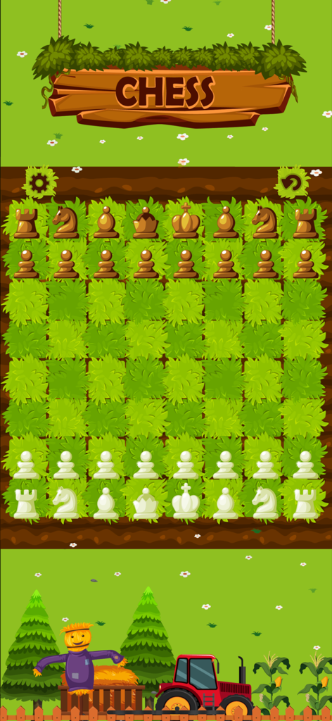Super Chess for Watch & Phone - Interfaz del juego Super Ajedrez con un tema de granja, tablero de hierba y piezas de madera estilizadas