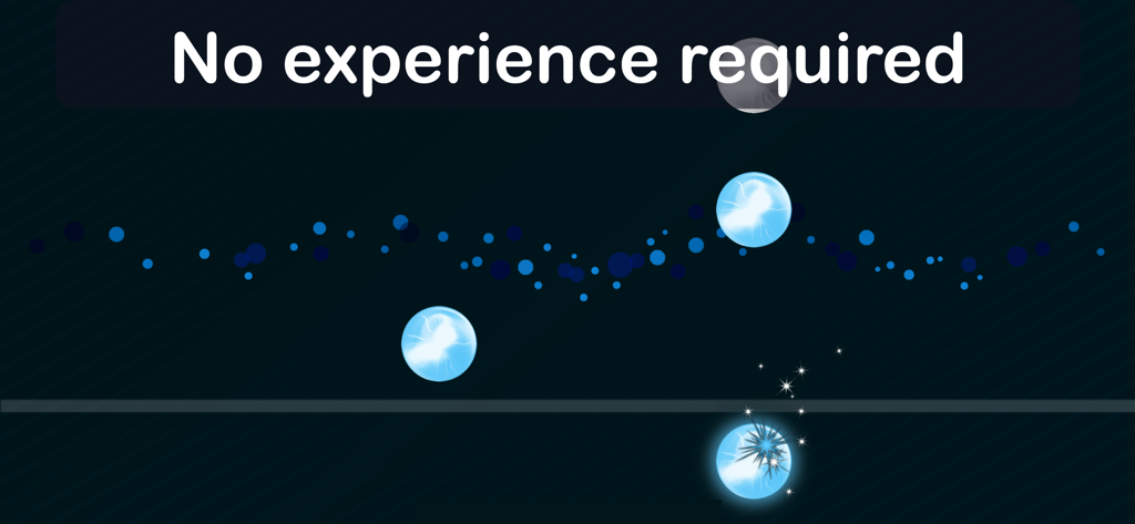 Rhythm gameplay interface of the Piano Pro app featuring blue glowing notes and the text No experience required