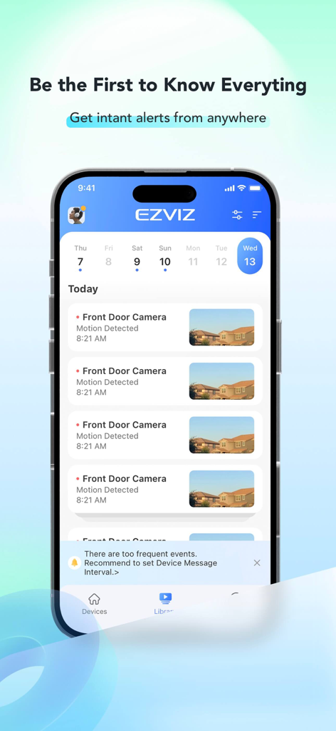 Interface de l'application EZVIZ affichant les alertes de détection de mouvement et l'historique des événements vidéo d'une caméra de sécurité domestique