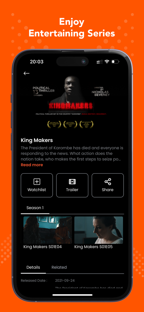 Wi-flix - Interfaz de la aplicación móvil de Wi-flix mostrando detalles y episodios de una serie africana entretenida.