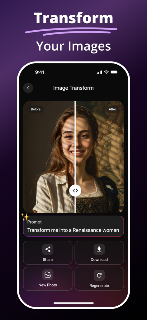 MePic - AI Photo Generator - Una pantalla dividida que muestra una selfie de una mujer transformada en un retrato renacentista usando la IA de MePic