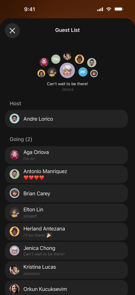Apple Invites - A mobile screen showing the guest list for an event in the Apple Invites app with a list of attendees and their RSVP status.
