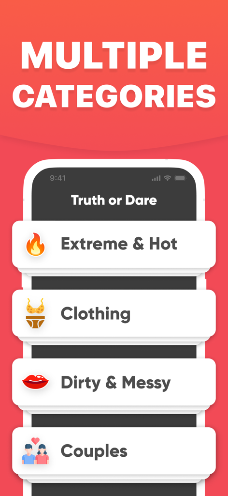 Truth or Dare Teen Party Games - A mobile screen showing various game categories for Truth or Dare including Extreme, Clothing, Dirty, and Couples.