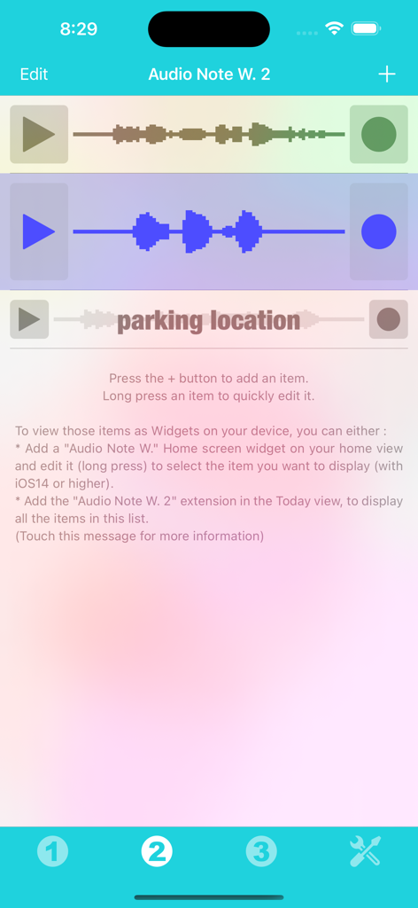 Audio Note Widget - 재생 및 녹음 버튼이 있는 여러 녹음된 음성 메모를 표시하는 오디오 노트 위젯 앱의 인터페이스