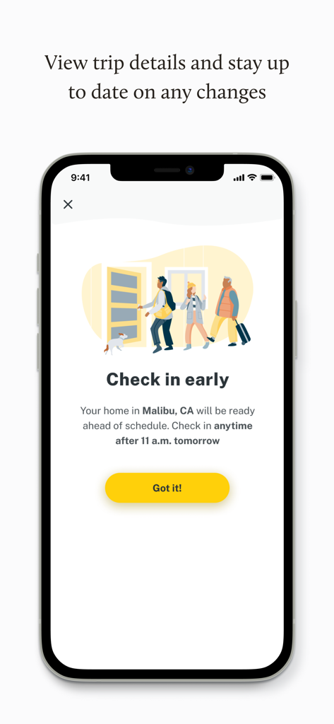 Vacasa - Vacation Rentals - A mobile screen showing an early check-in notification for a Vacasa vacation rental with an illustration of a family arriving at their home.