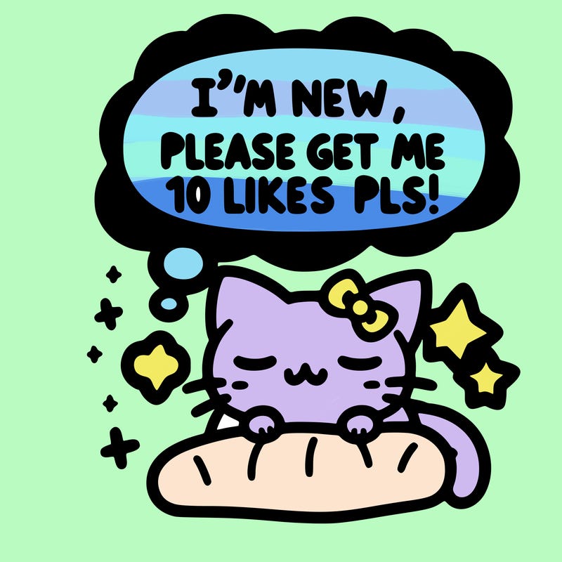 kitty taking a nap dream talking and saying "i'm new, please get me at least 10 likes pls!!"