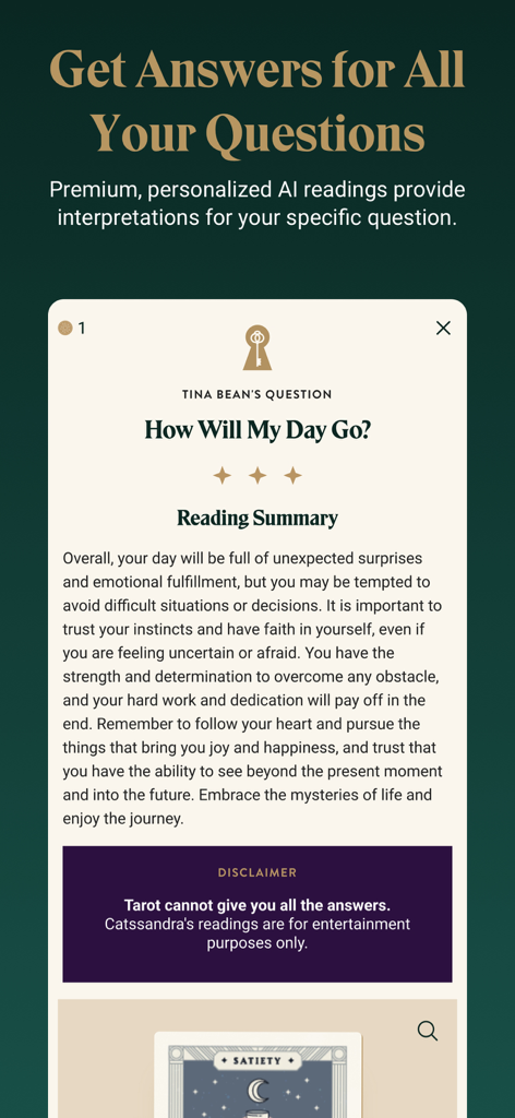A personalized AI tarot reading summary screen in the Labyrinthos app showing a response to the question How Will My Day Go