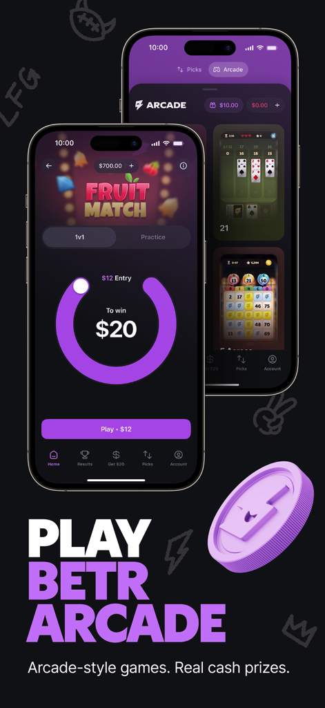Betr Arcade interface on mobile phones displaying the Fruit Match game and real cash prizes.