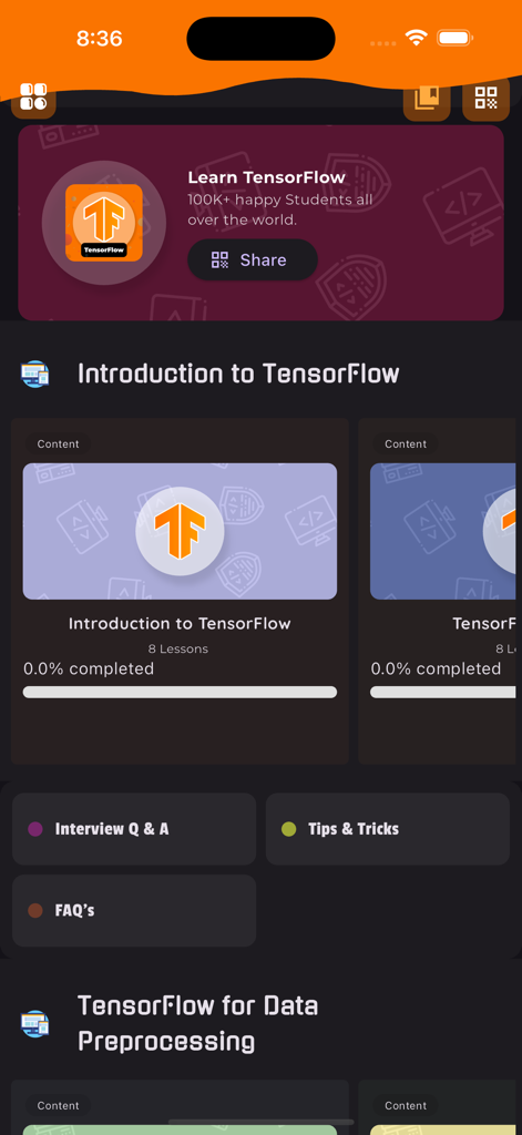Learn TensorFlow - TensorFlowアプリのダッシュボード。TensorFlow入門や面接Q＆Aなどのコースカテゴリが表示されます。