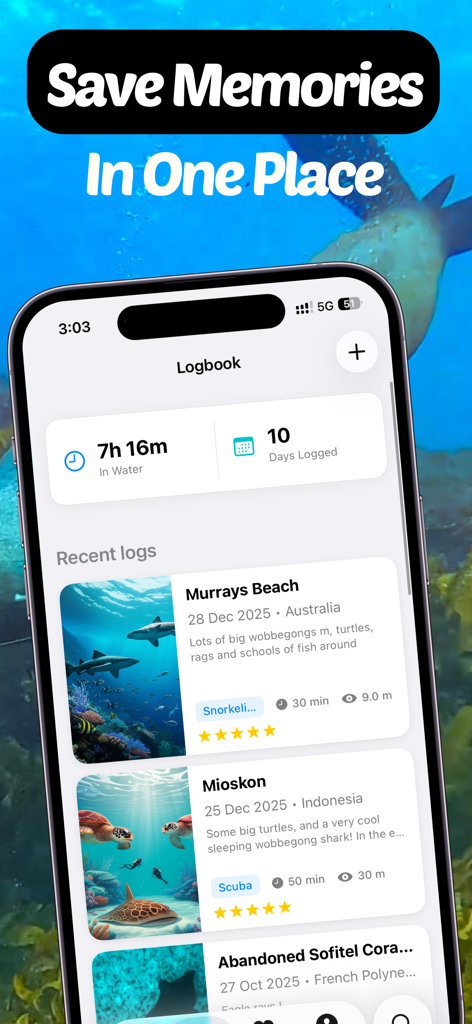 WikiBubbles: Dive & Snorkel - WikiBubbles app logbook screen showing underwater dive memories and statistics