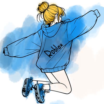 realistic girl jumping with a bun and oversized sweatshirt
