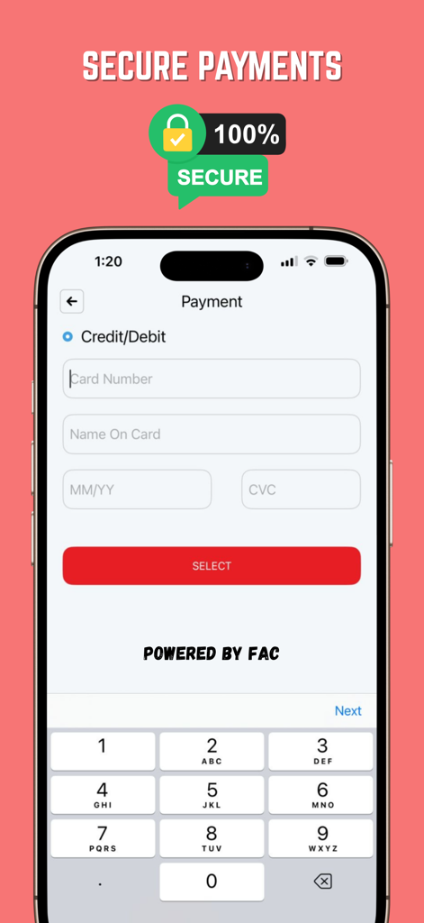 Dash Me: BVI's Food Delivery - Pantalla de pago seguro de entrega de comida de Dash Me que muestra campos de entrada de tarjeta de crédito y un distintivo de pago 100% seguro