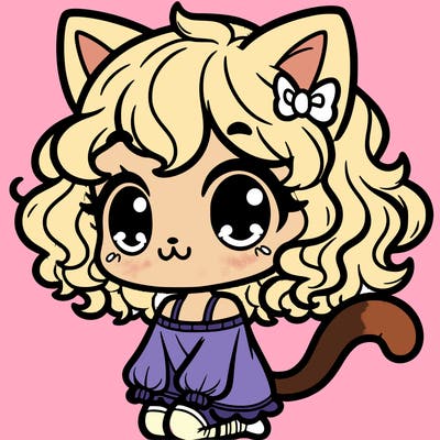 cute cat girl with cat ears and curly hair and a cat tail