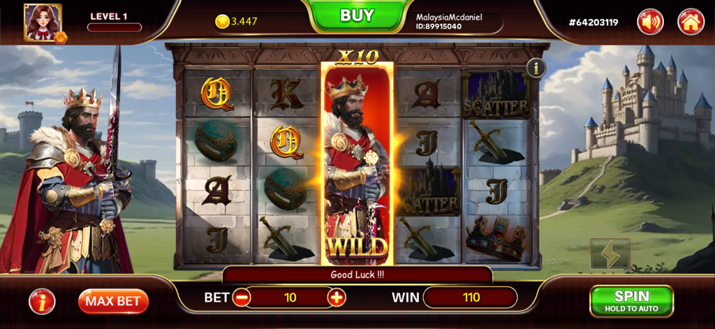 Mobile slot machine game interface featuring a King Arthur medieval theme with a castle background and a wild king symbol.