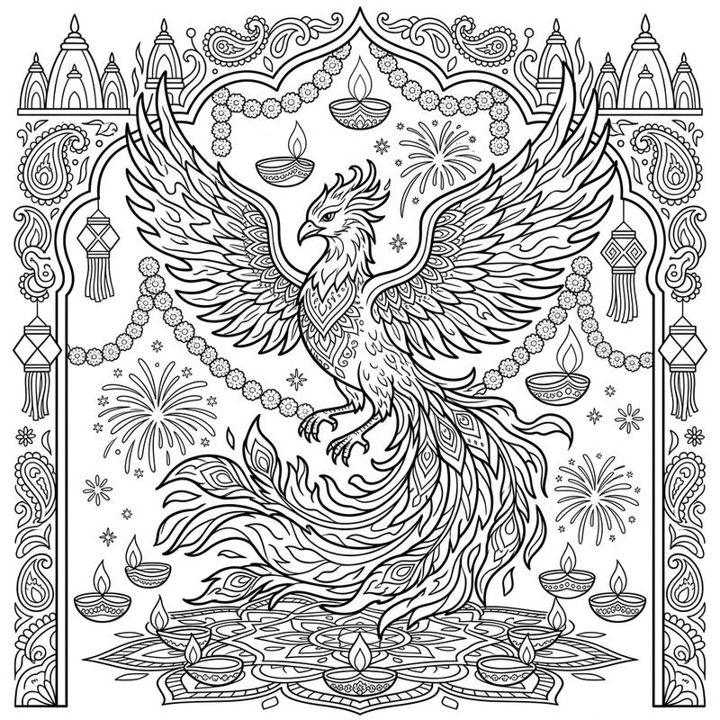 Ignite your creativity with this magnificent Volcanic Phoenix coloring page, beautifully intertwined with the festive spirit of Diwali. Dive into an intricate world of diyas, rangoli, and fireworks, ready for your vibrant touch.