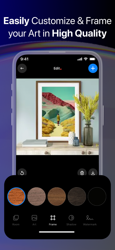 ArtStage: Preview your Artwork - A mobile app interface for ArtStage showcasing artwork customization with various frame styles in a virtual room setting