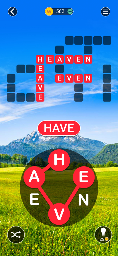 Crossword Jam: Fun Word Search - Crossword Jam word game level with a serene mountain landscape background