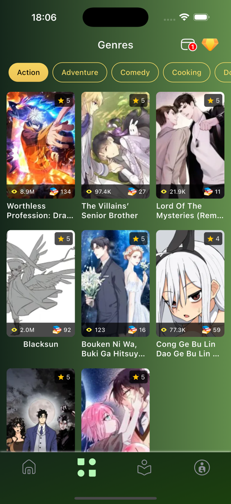 Manga Reader - Manga Nelo - Browse screen of the Manga Nelo app showing a grid of action genre manga titles with ratings and view counts