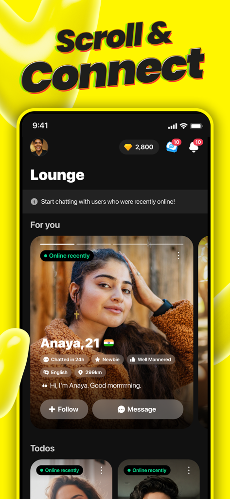 La sezione Lounge dell'app Vividi con il profilo di un utente per la chat video