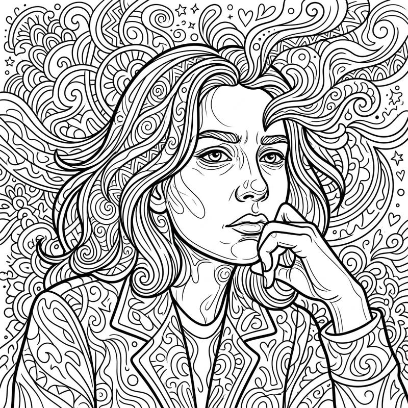Unleash your inner artist with this captivating expressive self-portrait, designed for deep reflection and creative exploration. This intricate coloring page invites you to bring a powerful emotional narrative to life with your chosen colors.