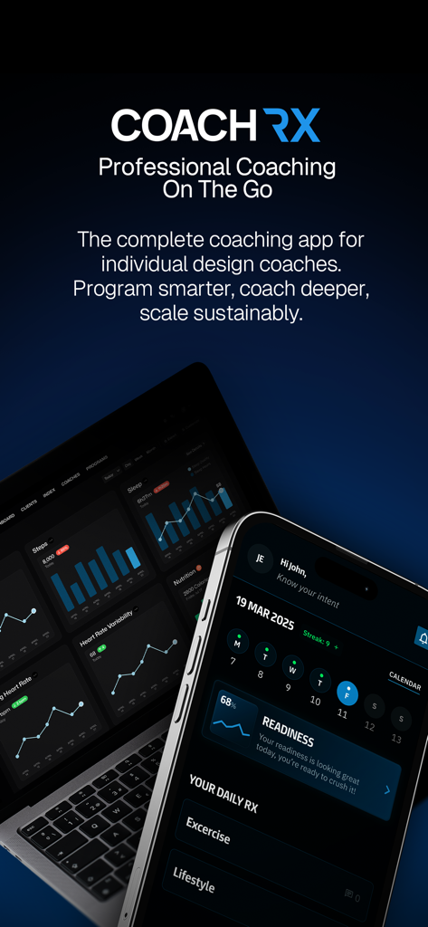 CoachRx by OPEX Fitness - CoachRx by OPEX Fitness app interface displayed on a smartphone and laptop showing health data charts and daily readiness