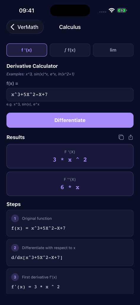 VerMath app screen showing a step by step calculus derivative calculation