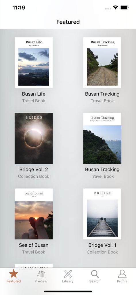Book Writer - Una galería que muestra libros de viajes y colecciones destacados dentro de la aplicación Book Writer