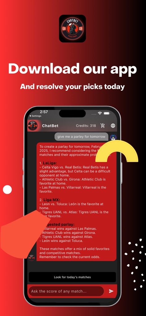ChatBet app interface showing a conversational AI providing sports betting parlay recommendations and match analysis.