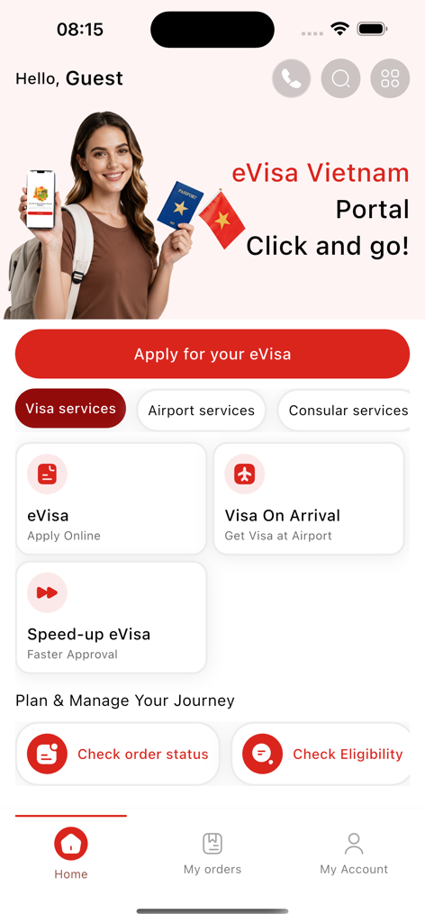 Vietnam Immi - Home screen of the Vietnam Immi mobile app showing options for eVisa and Visa on Arrival application