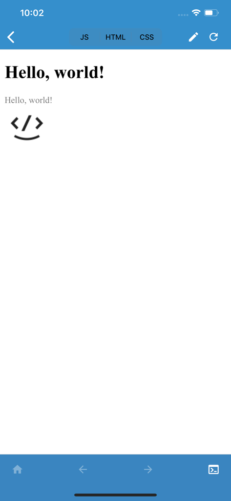 JavaScript Anywhere JSAnywhere - Web browser preview screen in JavaScript Anywhere app showing a Hello World page