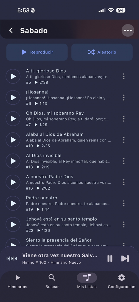 Himnario Adventista Completo - Himnario Adventista Completo app interface showing a Sabbath worship music playlist with several hymns in Spanish