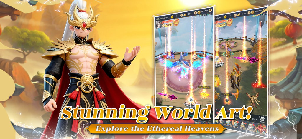 Beast's Creed - Heroic character in gold armor showcasing gameplay scenes from Beasts Creed Idle RPG