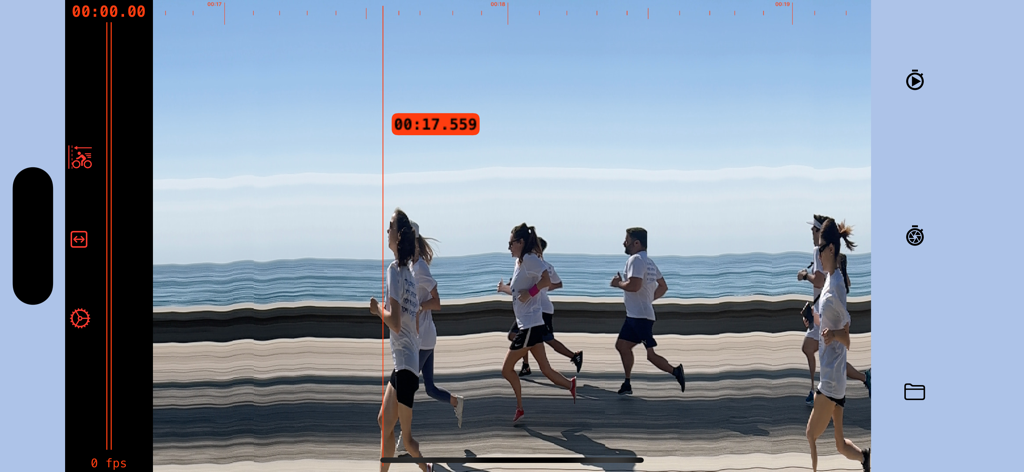 Pantalla digital de foto de llegada mostrando corredores cruzando la línea de meta con una marca de tiempo precisa de 17.559 segundos