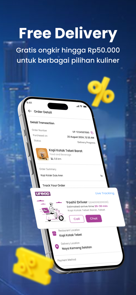 UltraVoucher: Diskon & UFood - UltraVoucher app screen showing UFood free delivery and live order tracking of a food delivery