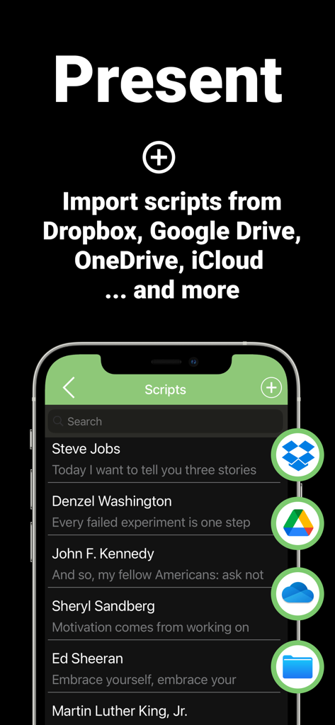 Una pantalla móvil que muestra la interfaz de la aplicación Prompt Plus con opciones para importar guiones de servicios en la nube como Dropbox y Google Drive