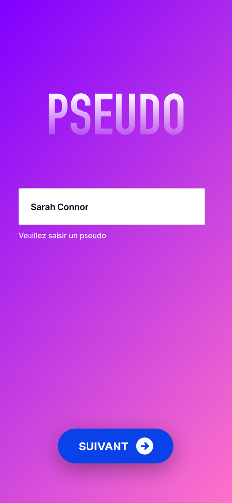 Nickname entry screen for the ThisisBlindTest music and trivia app showing a text field and a next button on a purple gradient background