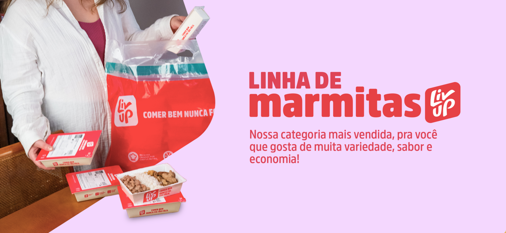 A person holding a Liv Up delivery bag with various healthy prepared meal boxes on a table.