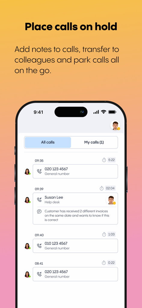 Rinkel - Rinkel mobile app showing a call log with professional notes and options to hold or transfer calls