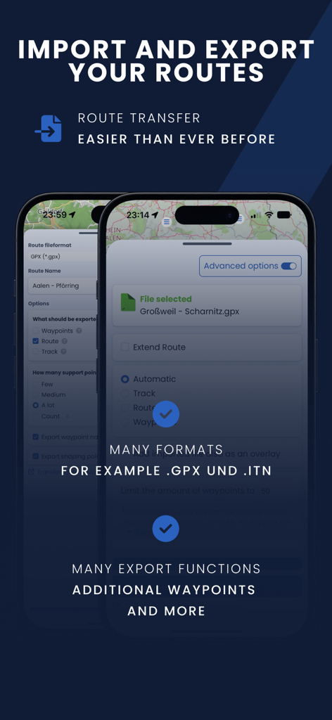 Interface of the Kurviger app showing options to import and export motorcycle routes in GPX and ITN formats