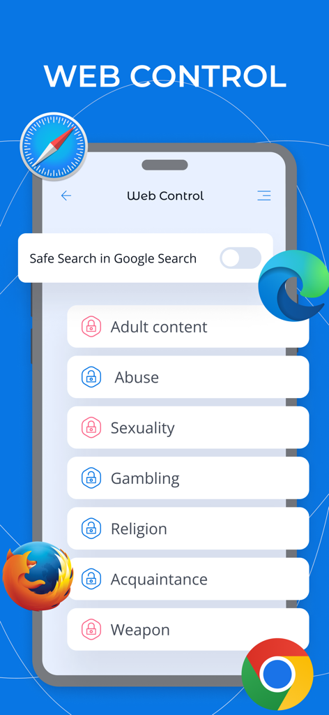 Interfaz de la aplicación Kroha que muestra opciones de control web para bloquear contenido para adultos y habilitar la búsqueda segura en varios navegadores móviles