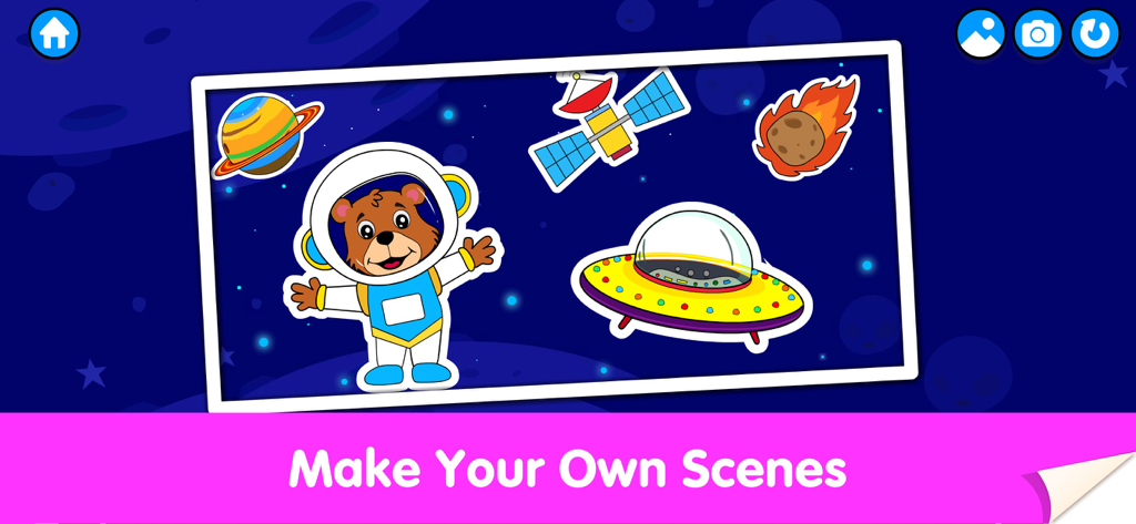 Scena di adesivi a tema spaziale nell'app Sticker World con un orso astronauta e un UFO