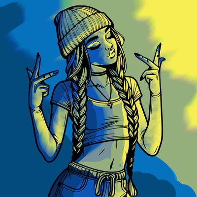 realistic teenage girl with braids and a beanie and crop top doing 🫶🏼