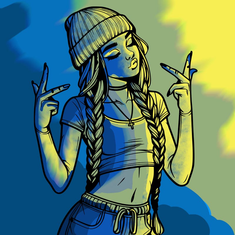 realistic teenage girl with braids and a beanie and crop top doing 🫶🏼