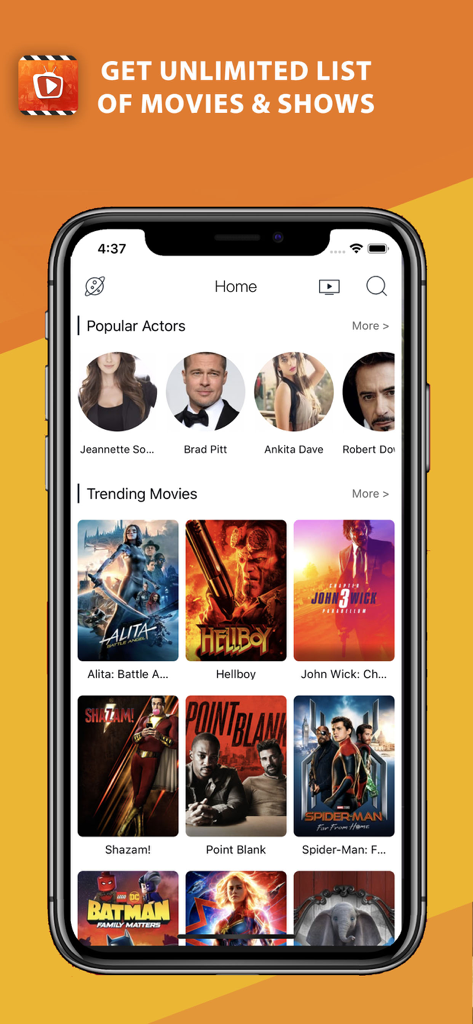Tea TV app home screen displaying popular actors and trending movie titles