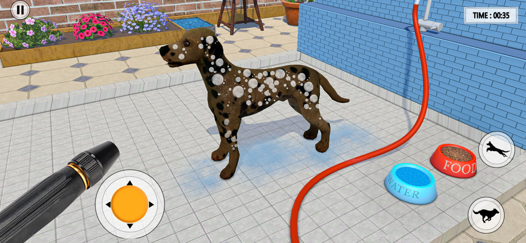 Pet Dog Rescue Shelter Games - A brown spotted dog covered in soapy bubbles being washed in a pet rescue shelter game
