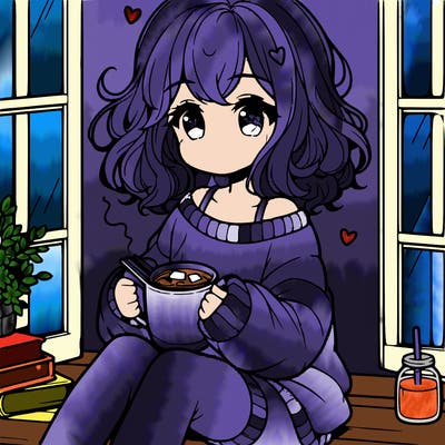 cute anime girl reading book and drinking hot chocolate from mug with loose wavy hair wearing a baggy sweatshirt and shorts sitting by windowsill looking out