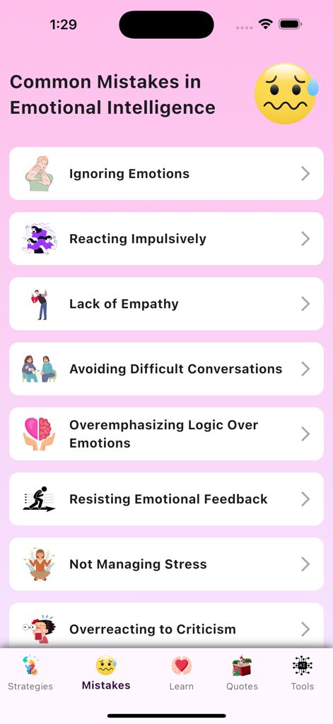 Un elenco di errori comuni di intelligenza emotiva visualizzato su uno schermo rosa all'interno dell'interfaccia dell'app Maestria nell'Intelligenza Emotiva.