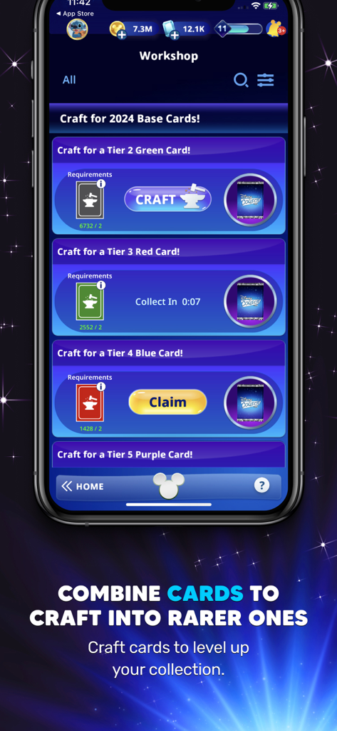 Disney Collect! by Topps® - Disney Collect by Topps app Workshop screen showing card crafting options to upgrade digital collectibles.