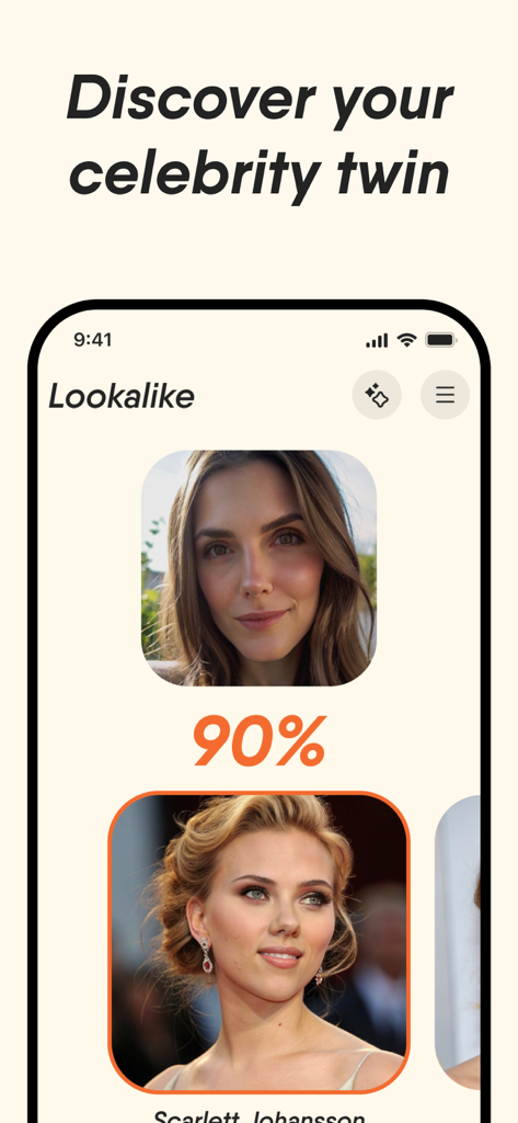 Face Shape Finder Detector - App-Oberfläche zeigt eine Übereinstimmung von neunzig Prozent zwischen einer Benutzerin und der Berühmtheit Scarlett Johansson.