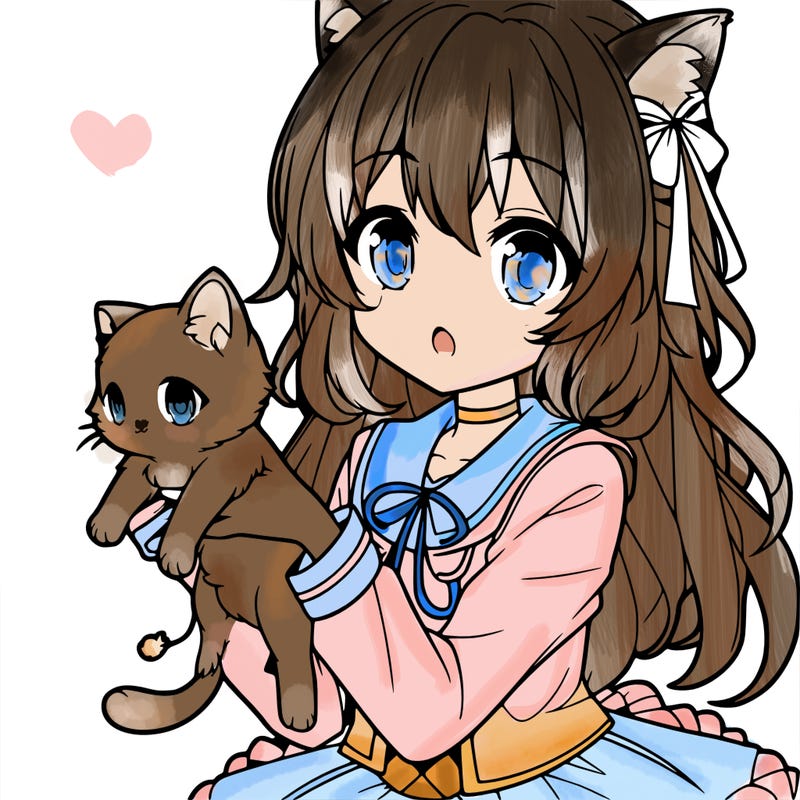 an anime girl holding a kitten